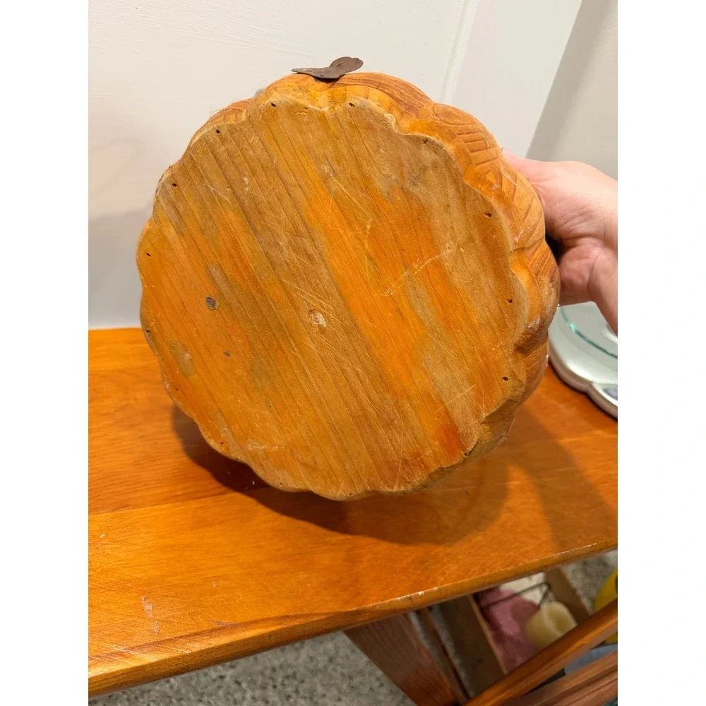 Rustic Carved Wooden Pumpkin Bowl Centerpiece with Metal Handles Fall Decor